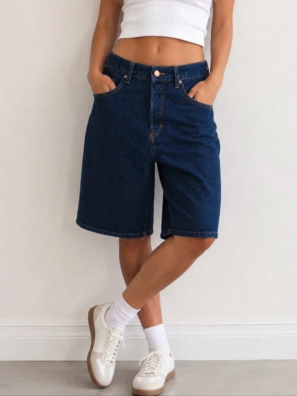 &Denim Women’s Baggy Bermuda Shorts Size 4 Dark Wash High Waist Loose Fit